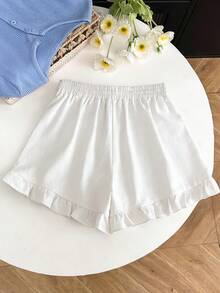 Resyla 女士纯色抽绳腰荷叶边短裤 - 白色 - 查看 2