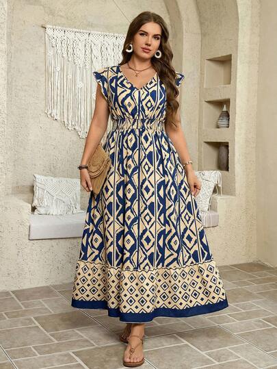 SHEIN LUNE Đầm dài dáng chữ A ôm eo, cổ chữ V, tay ren dành cho nữ cỡ lớn, thích hợp cho kỳ nghỉ hè, đi nghỉ mát.