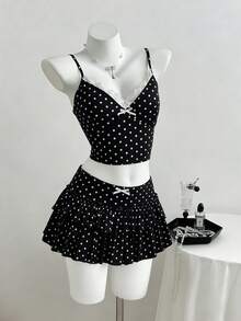 Elamini Women Bow Lace Trim Camisole Top And Layered Ruffle Hem Mini Skirt 2 Pieces Set - Black and White - View 1