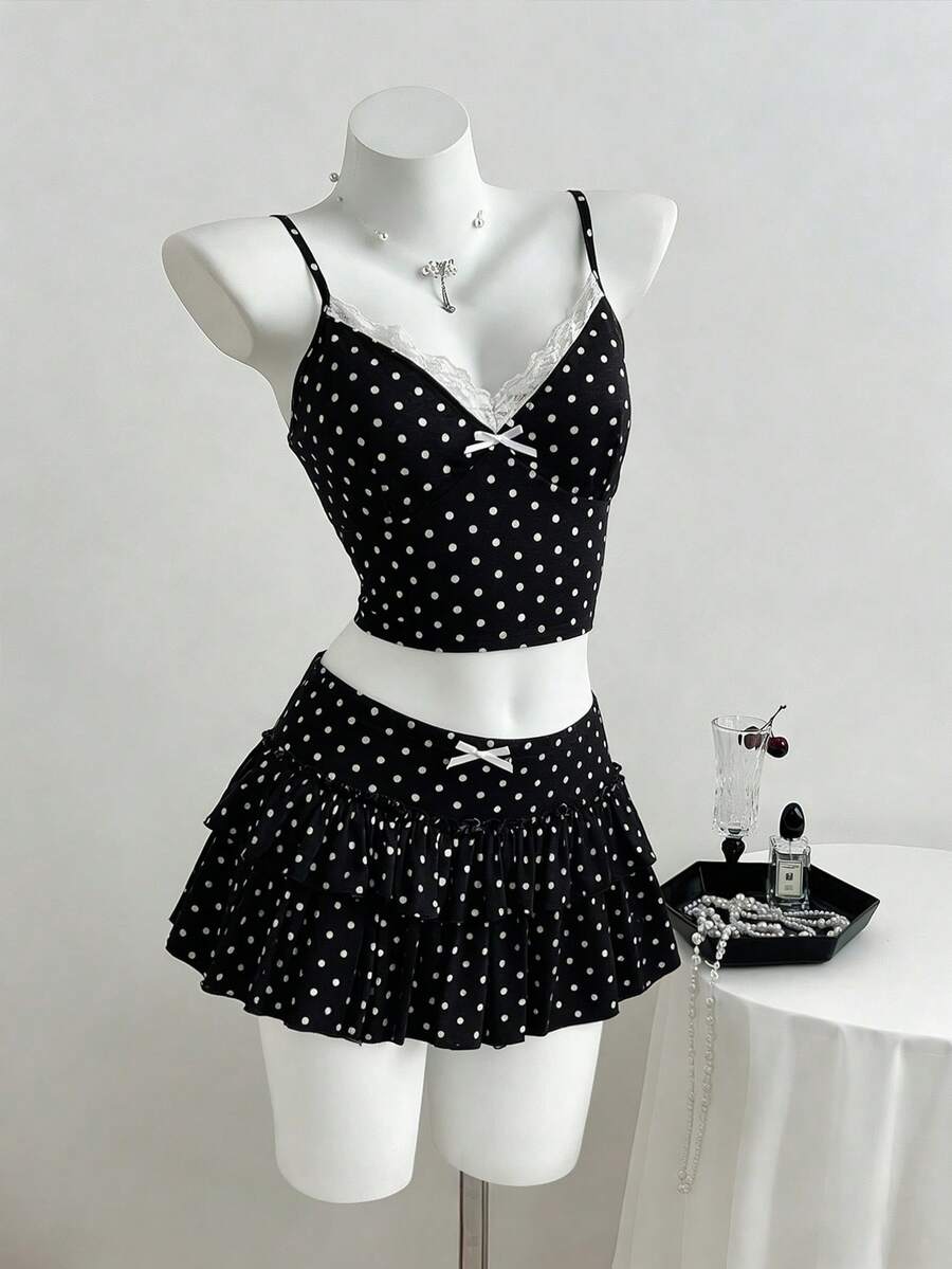 Elamini Women Bow Lace Trim Camisole Top And Layered Ruffle Hem Mini Skirt 2 Pieces Set - Black and White - View 1