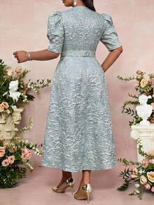 Fleurora 大码交叉裹身花瓣袖优雅纹理面料夏季连衣裙 - 綠色 - 查看 2