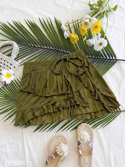 Soleia Minifalda asimétrica con volantes y lazo en el frente, de punto texturizado en beige, adecuada para vacaciones, fiestas, San Valentín, citas, tardes de té, calle, vacaciones en la ciudad, estilo occidental, festivales de música, playa, atuendo de verano