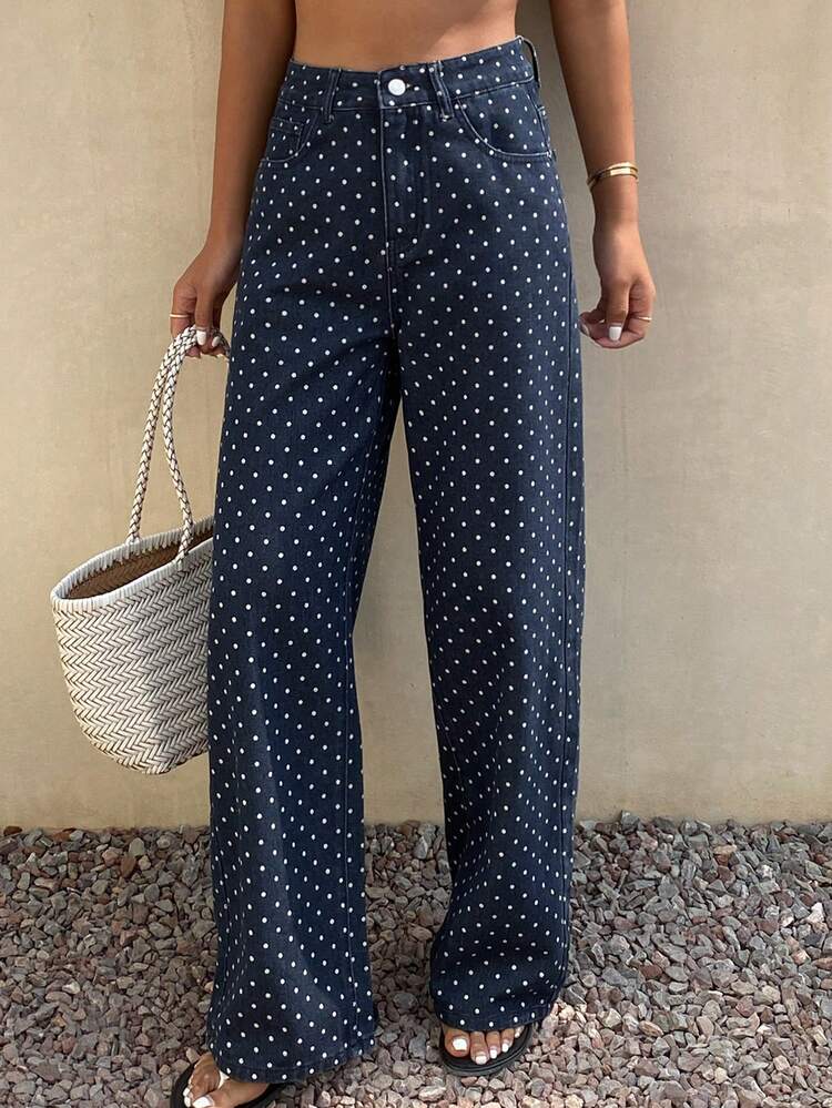 Women's Romantic Casual Polka Dot Print Loose Fit Jeans, Spring & Summer