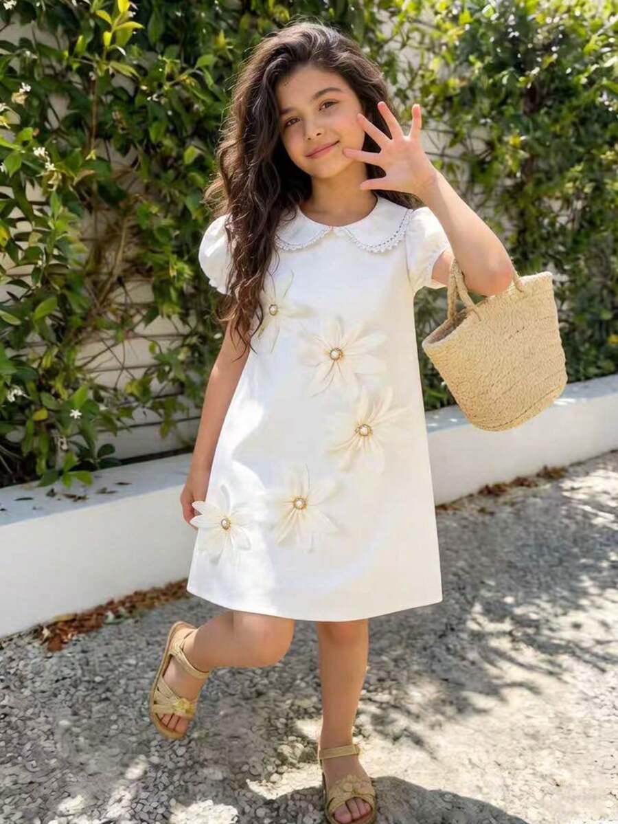 SHEIN 3D Floral Pearl Button Lace Trim Peter Pan Collar Dress, Elegant Minimalist Fashion, Suitable For Holidays, Parties, Outings, Summer & Autumn - White - View 1