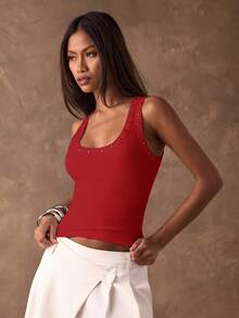 SHEIN BAE Women's Solid Color Rivet Design Ribbed Casual Tank Top,Red Top - Red - View 5