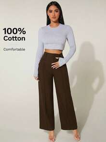 SHEIN PETITE High Waist Wide Leg Summer Dress Pants 100% Cotton - Coffee Brown - View 6