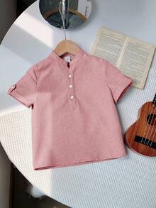 SHEIN LMoss Kids 1件装年轻男童休闲宽松梭织纯色立领短袖衬衫 - 藕粉色 - 查看 7