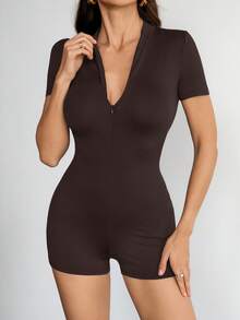 SHEIN Tall 黑色半拉链连体紧身衣 - 棕色 - 查看 10