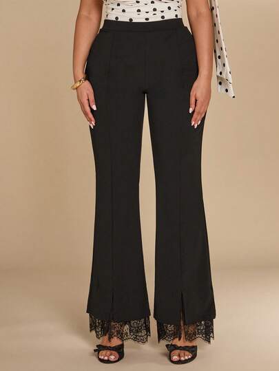 SHEIN BAE 大码女式蕾丝拼接开衩下摆休闲修身裤