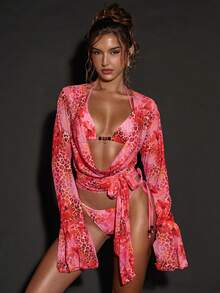 SHEIN BAE Women's Vacation Leopard & Floral Print Draped Neck Flare Sleeve Cover Up,2026 Summer New Arrival: Women's Pink Animal Print/Leopard Print Cover-Up Top, Beach Vacation Wear, Sexy Party/Music Festival Swimwear, Hawaiian Style, Women's Beach Vacation Wear, Elegant Women's Beachwear, Vacation Wear, Women's Swimwear, Beach Party, Pool Party Cover Ups For Swimwear - Pink - View 3