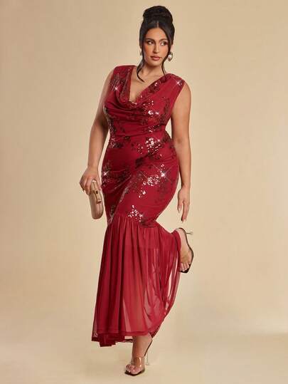 SHEIN BAE Đầm dài cổ khoét sâu đính sequin thêu dành cho phụ nữ cỡ lớn