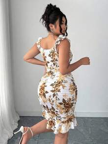 Elenzga Plus Size Women's Spring & Summer Vacation Floral Print Dual-Color Pleated Flare Sleeve Ruffle Hem Tie-Front Bodycon Mini Dress - Yellow - View 2
