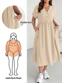 SHEIN Essnce Plus-Size Women's Casual Loose Dress, Summer Short-Sleeved Dress, Loose And Comfortable Dress, Pocket Dress Casual Dresses For Woman Casual Dress - Apricot - View 1