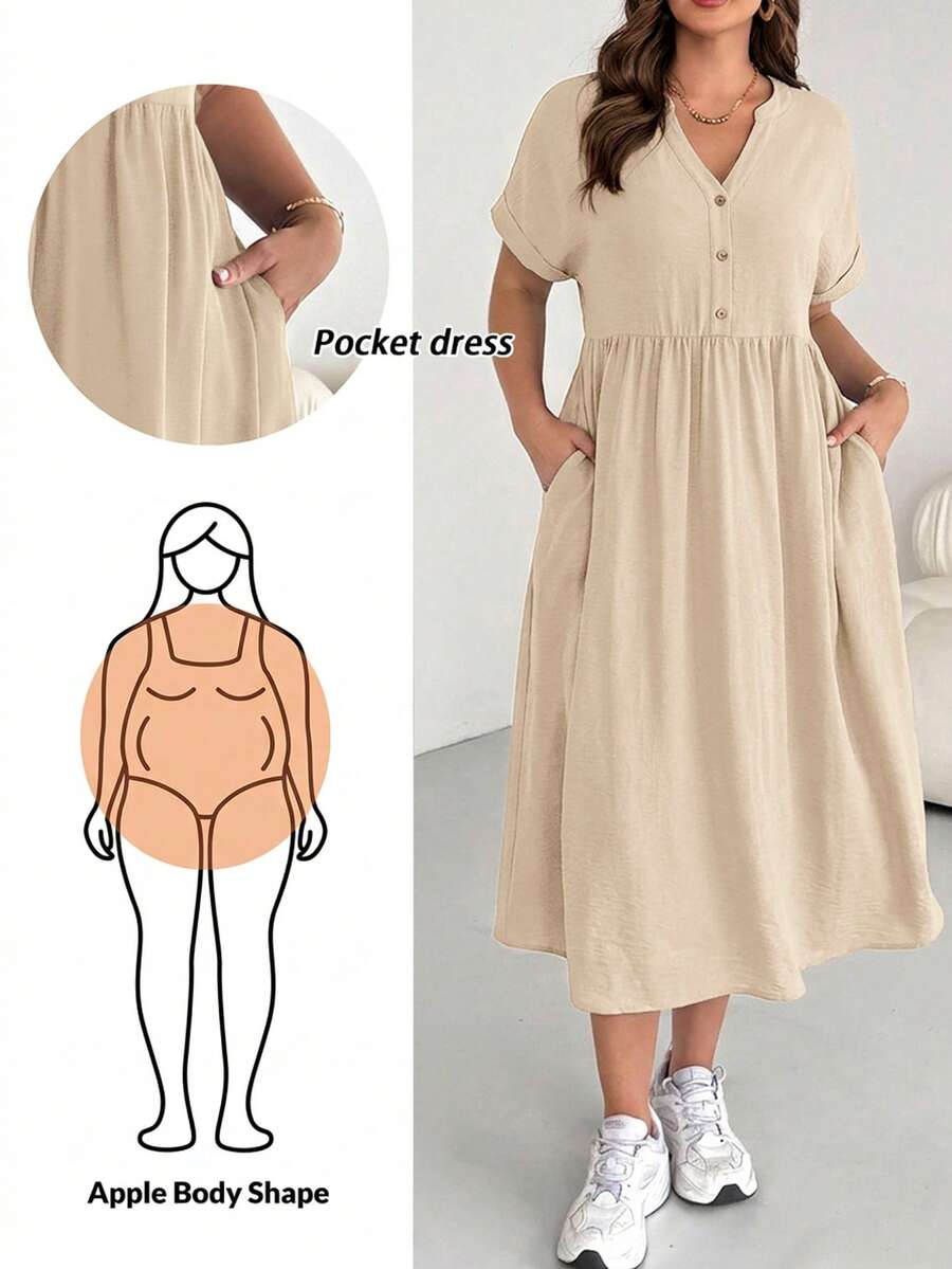 SHEIN Essnce Plus-Size Women's Casual Loose Dress, Summer Short-Sleeved Dress, Loose And Comfortable Dress, Pocket Dress Casual Dresses For Woman Casual Dress - Apricot - View 1
