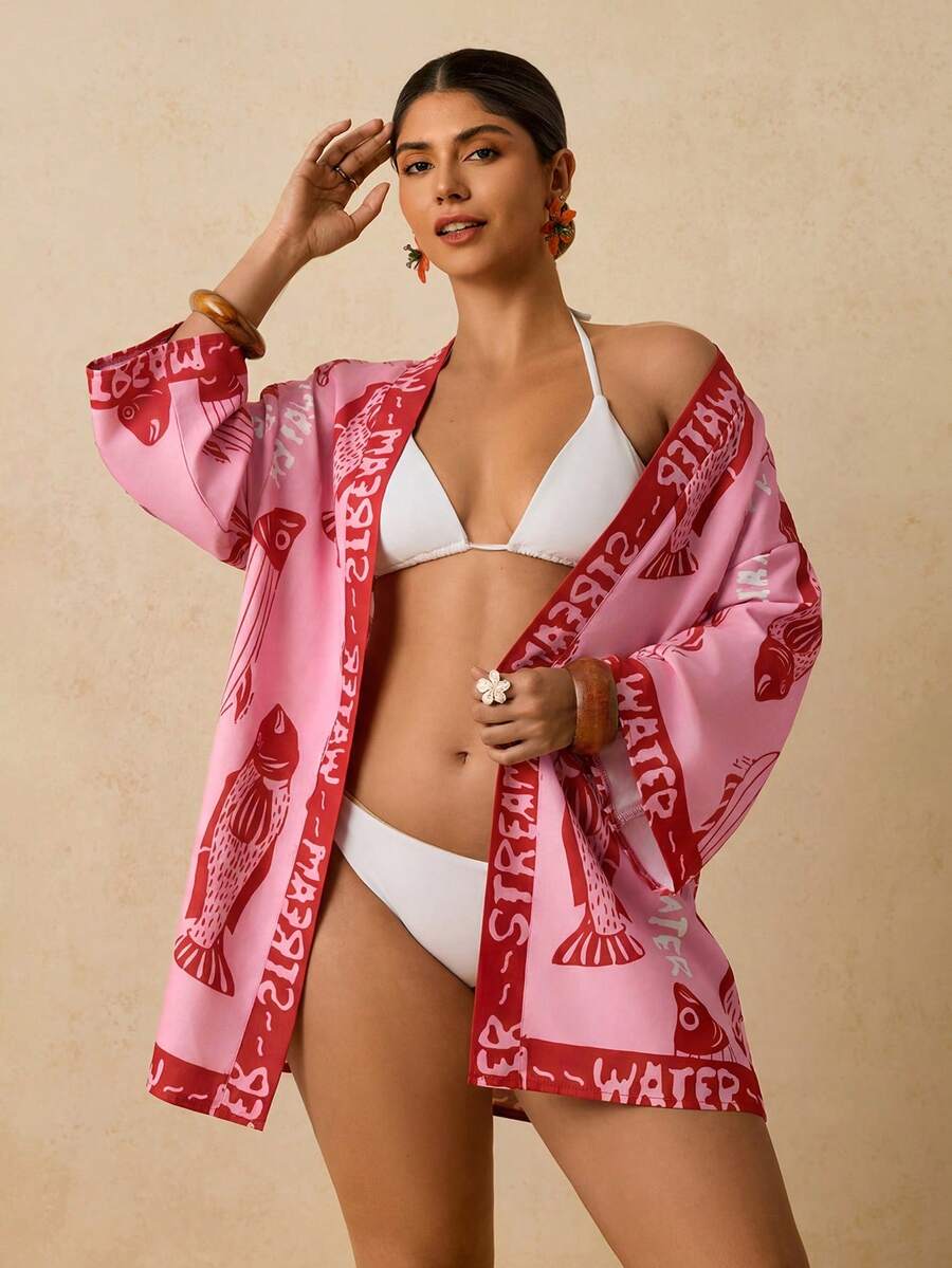 Travachic Plus Size Women's Pink Ocean Fish Print Chiffon Kimono Cover Up,Loose Mid-Length Sleeve Summer Holiday Vacation Shirt,Early Spring Beach Shirt - Pink - View 1