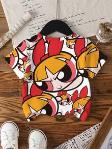 THE POWERPUFF GIRLS X SHEIN Áo thun ngắn tay in hình hoạt hình, phong cách thường ngày, thời trang đường phố cho bé gái, thích hợp mặc đi làm, mùa hè. - trắng - Xem 2