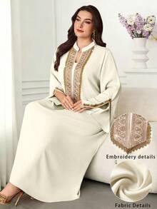 Al Najma Đầm thanh lịch cổ đứng thêu họa tiết, tay xẻ tà, chân váy xòe, thích hợp cho mùa xuân/hè. - Màu be - Xem 3