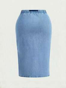 SHEIN MOD Plus Size Women Elastic Waist Denim Skirt - Light Wash - View 2