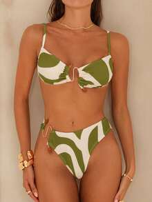 Swim Chiccia Women's Elegant Romantic Island Vacation Acrylic & Metal Decor Geometric Print Bikini Set - Olive Green - View 6