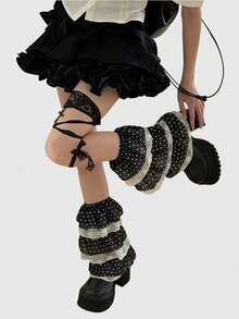 ROMWE Grunge Punk 1 Paar schwarz-weiß kontrastierendes Retro Polka Dot elegantes, lässiges Y2K süßes, einfaches Polka Dot Spitzenrand Träger Schleife Sommerbein Abdeckung, geeignet für den täglichen Gebrauch, Musikfestivals und andere Anlässe. - cremefarben - Übersicht 2