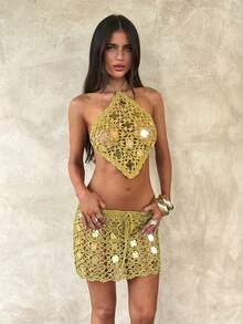 Opulessa 女士亮片拼接镂空时尚百搭约会之夜迷你裙 - 金色 - 查看 5