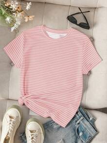 Teen Girl Floral, Bow, Striped Print Casual Short Sleeve T-Shirt - White - View 4