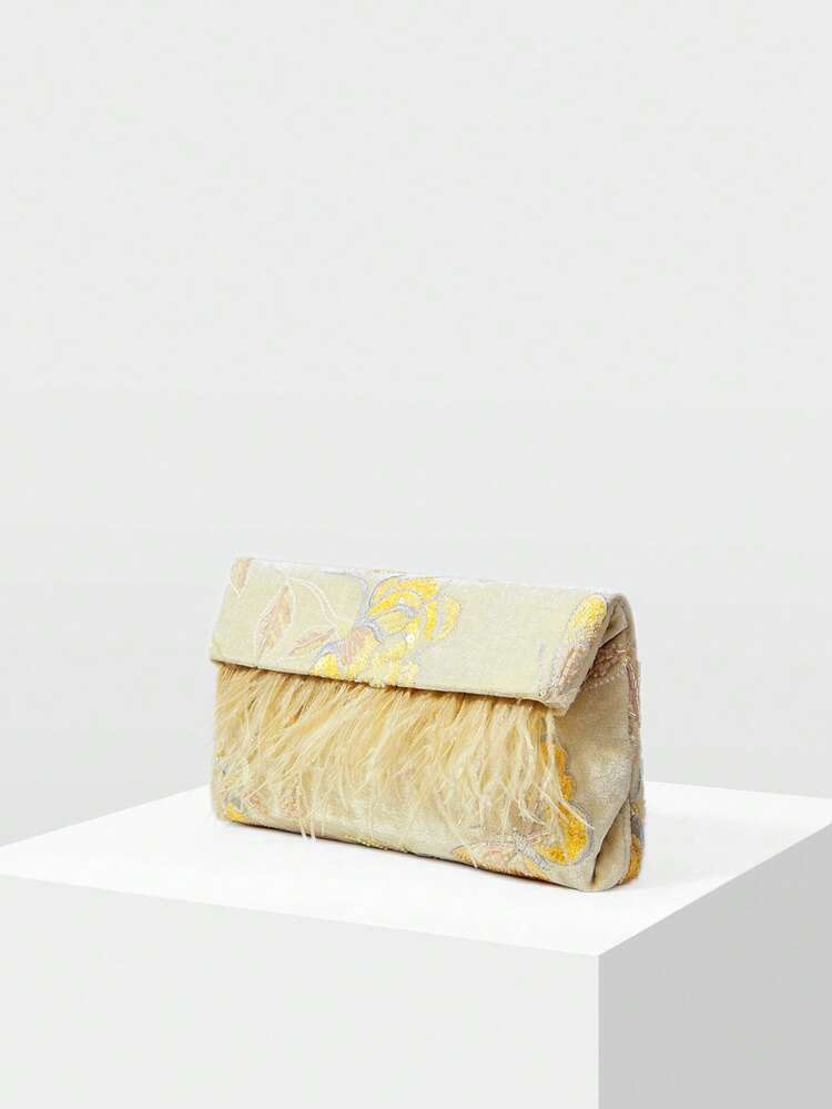 LADIES ELEGANT FLORAL PATTERN BEAD MATERIAL CLUTCH BAG ENVELOPE BAG WITH ARTIFICIAL FEATHER DECORATION,VALENTINES DAY