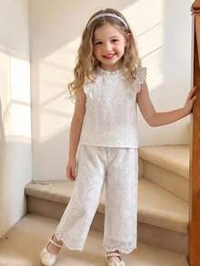 Elladie kids 年轻女孩两件套夏季新品，简约刺绣面料盖袖荷叶边衬衫，休闲直筒裤，复古风格百搭女孩服装 - 杏色 - 查看 3