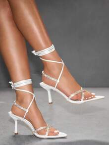 CUCCOO SZL Women Shoes Spring And Summer New Pointed Thin High Heel White Rhinestone Cross Strap Women's High Heel Sandals Fashion Comfortable Versatile Sexy Party Banquet Women Sandals Spring Shoes - White - View 1