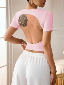 Slayform Black Sexy Backless Fitted Short Sleeve Round Neck Sports T-Shirt For Women, Suitable For Workout & Outdoor Activities Gym Outfit For Women Top Workout Clothes For Women Open Back Workout Top Gym Tops For Women Workout Tops Fitness Clothes Open Back Top Backless Gym Top Workout Tops For Women Gym Clothes Women Top Cute Gym Tops Open Back Shirts Quick Ship Items For Women Clothes Pilates Tops For Women - Pink - View 3