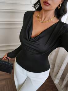 Modelyn Women's Elegant Black Lace Splice Plunging Neck T-Shirt Top Autumn Tops For Women Elegant Classy Body Blouse Revealing Clothes For Women Elegant Top For Woman Blouses For Women Elegant For Party Night Out Long Sleeve Top Lace Back Top Body Tops For Ladies Bodysuit Blouses For Women Zipper Top Zip Up Bodysuit Zip Up Top - Black - View 6