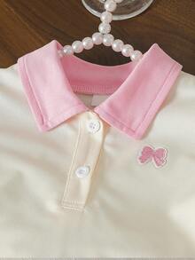 Souflis Souflis Young Girl Sweet Light Pink Polo T-Shirt With Bowknot Embroidery, Ruffle Hem Shorts, Summer School Back-To-School Casual Outfit Set - Apricot - View 4