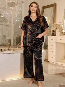 MuseNap CURVE Plus Size Elegant Floral Print Lapel Short Sleeve Pajama Set - Black - View 3