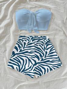 Soleia 女士纯色抹胸上衣和印花短裤两件套休闲套装 - 彩色 - 查看 4