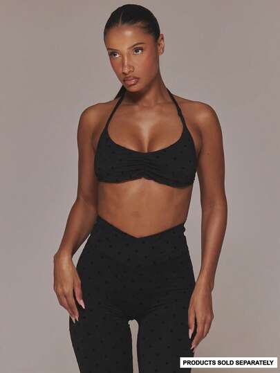 Musera Sport 无缝褶皱丝绒波点运动文胸，仅限运动健身、健身房、普拉提、日常穿着。