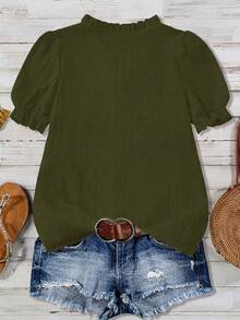 SHEIN LUNE 大码V领荷叶边罗纹花瓣袖休闲衬衫 - 軍綠色 - 查看 2