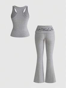 ROMWE Avant Y2K Abby 十字印花标语背心和喇叭裤休闲两件套女装 - 淺灰色 - 查看 2