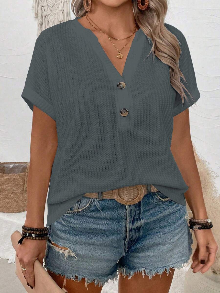 EMERY ROSE 2026 Nueva Camiseta de Manga Corta con Cuello en V y Botones en los Hombros de Moda Informal para Mujer Talla Grande, Color Azul-Verde Sal de Mar - Gris - Ver 1