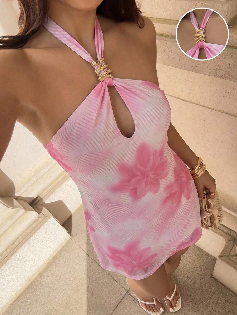 Sunnyshic 红色网纱花卉印花金属扣装饰露背吊带迷你连衣裙,女士春夏度假优雅复古约会派对浪漫可爱百搭 - 粉色 - 查看 1