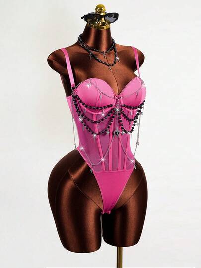 Mistrie Bộ đồ liền thân ôm sát gợi cảm dành cho nữ, dây mảnh, đính dây xích, thích hợp cho các lễ hội âm nhạc mùa xuân/hè.