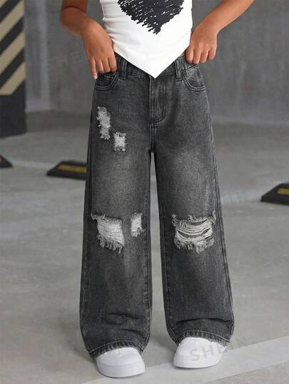 Girls' Casual Versatile Distressed Straight Leg Jeans