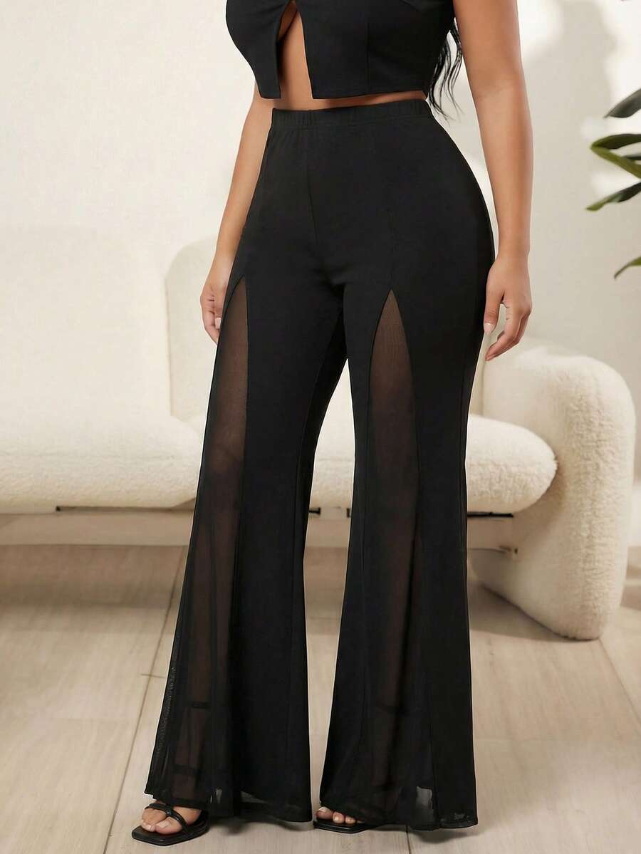 SHEIN SXY Quần ống rộng dáng suông thoải mái, phối nhiều mảnh vải xuyên thấu - màu đen - Xem 1