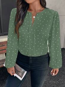 EMERY ROSE Plus Size Women Polka Dot Pattern Lantern Sleeve Casual Shirt Fall - Green - View 7