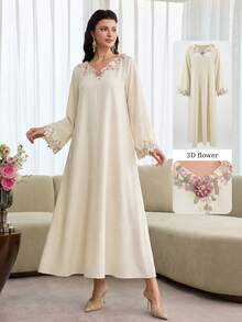 Yasmyna Women Summer Al-Adha Cream 3D Floral Embroidered Maxi Dress,Elegant V-Neck Long Sleeve Arabic Abaya,Modest Flowy A-Line Spring Wedding Guest Gown - Apricot - View 3