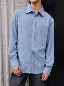 Open Phase 男士休闲竹纤维柔软透气通勤纯色纽扣衬衫，复古美式，男女皆宜，宽松版型夏季服装——适合日常穿着和夏季度假穿着。 - 霧霾藍 - 查看 5