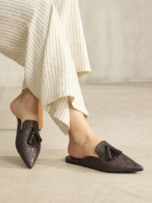 MOTF ELEGANT, COMFORTABLE, CHIC TASSEL SLIP-ON POINTED TOE FLAT MULES FOR WOMEN - Dark coffee - View 7