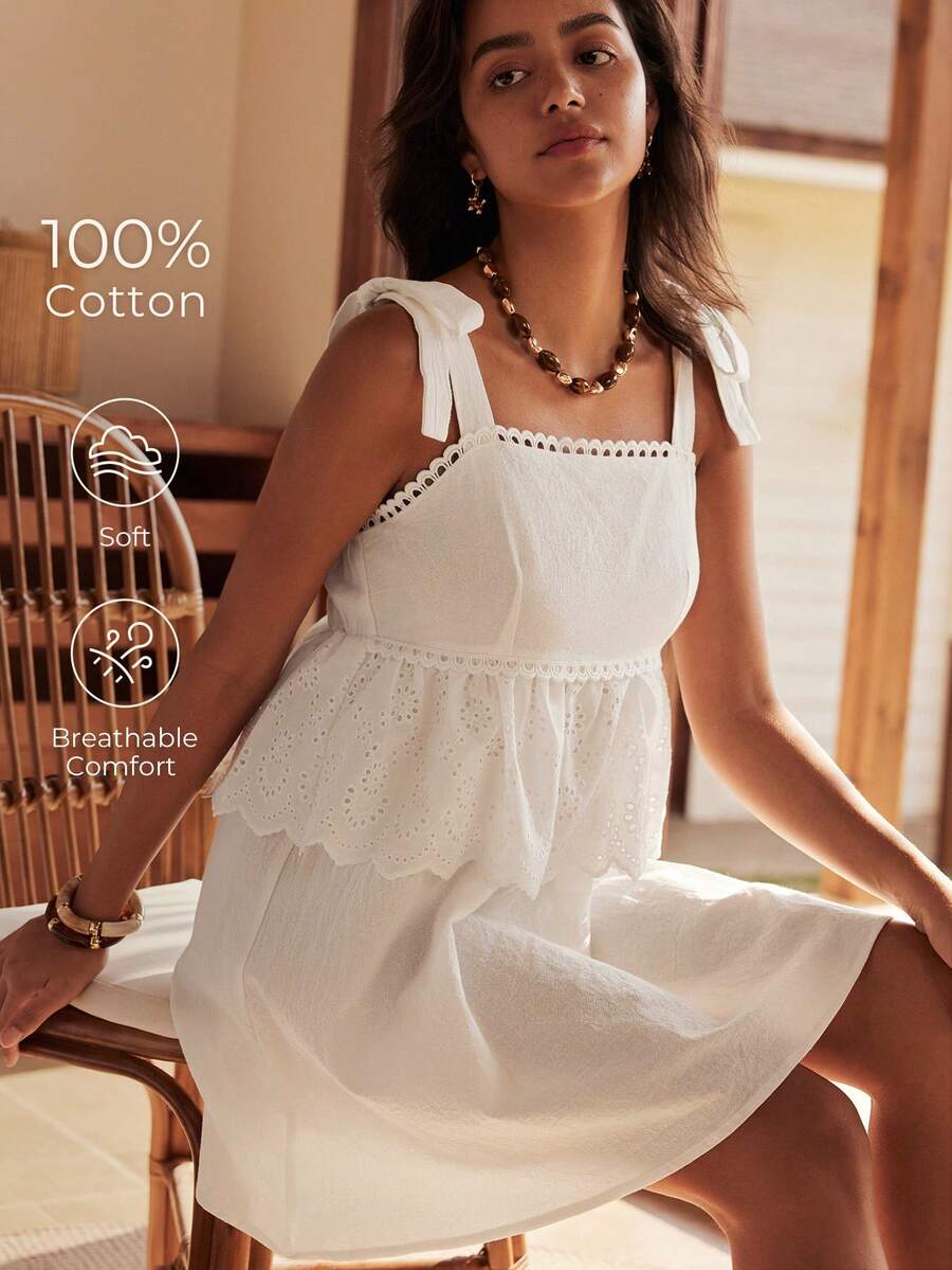 Lullawish Áo ngủ nữ kiểu Bohemian, 100% cotton, dây mảnh. - trắng - Xem 1