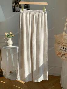 SHEIN CURVE+ Curve 尺码 US22 音乐节、海滨度假、波西米亚亚麻休闲裤、度假风、春夏 - 杏色 - 查看 3