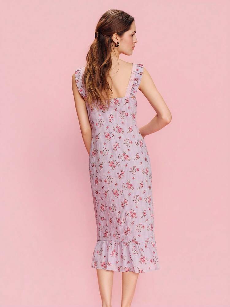 Lilac Check And Rose Print Midi Dress With Pink Lace Trim, Romantic French Style Spring,Summer Dress