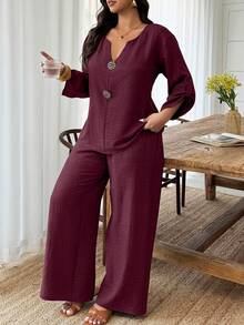 Women's Plus Size Spring/Summer Casual Mid-Sleeve Button Decor V-Neck Shirt And Straight Leg Pants 2-Piece Set, Suitable For Daily And Vacation Wear - Burgundy - View 3